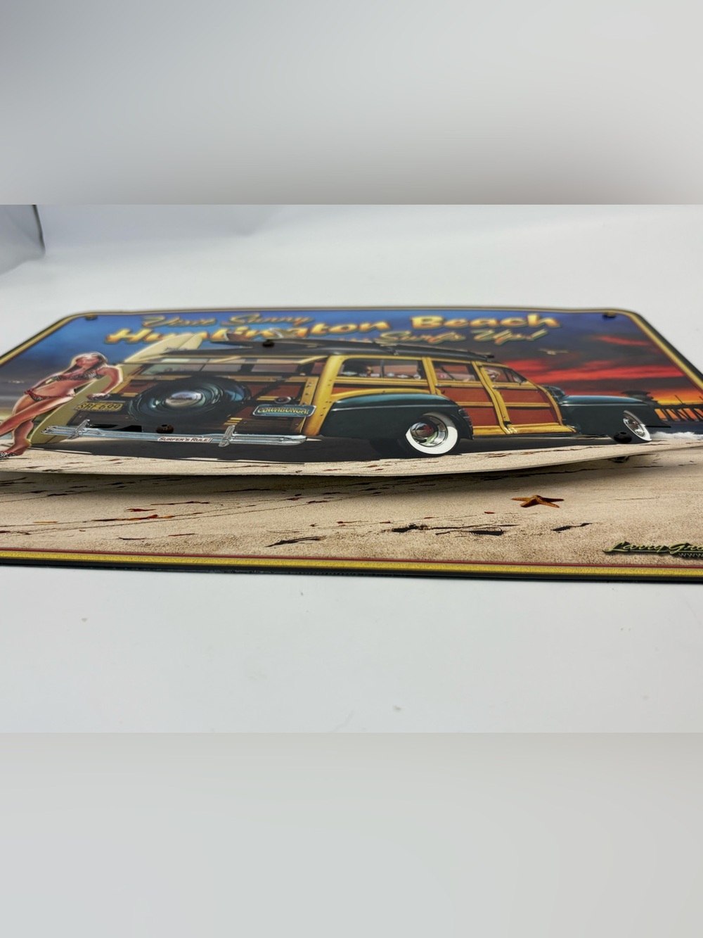 3-D Visit Sunny Huntington Beach Surfs Up Metal Sign - Woody Surfboard Art Print - Picture 3 of 11